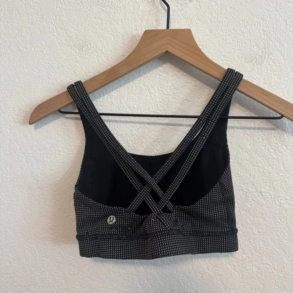 Lululemon Energy Bra Medium Support Strappy Sports Bra Teeny Check White Black 4